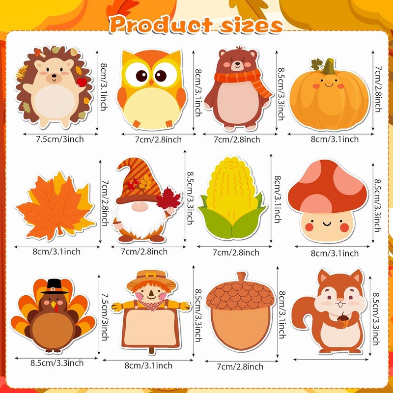 MOZUI 240Pcs Fall Sticky Notes Thanksgiving Sticky Notes, Turkey Pumpkin Squirrel Maple Leaf Memo Notes, Self-Stick Pads Fall Themed Animal Decorative Reminder Notes for Autumn Decor Notes, Office, School - Image 2